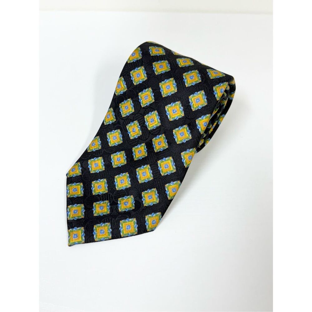 Brioni Mens Black Multi Silk Geometric Italy Handmade Necktie One Size